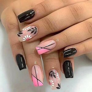 Black & Pink Floral Press On Nails